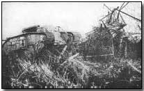 British tank breaking through barbed-wire