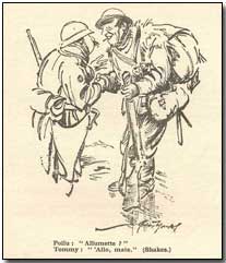 Poilu: "Allumette?"  Tommy: "'Allo, mate" (shakes) (click to enlarge)