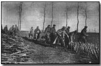 German retreat through The Netherlands, in 1918....German Soldiers leaving their weapons at the bridge in Maaseik to Roosteren