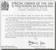 Douglas Haig's famous "Backs to the Wall" Special Order which urged British resolve in the face of the sweeping German Spring Offensive of 1918
